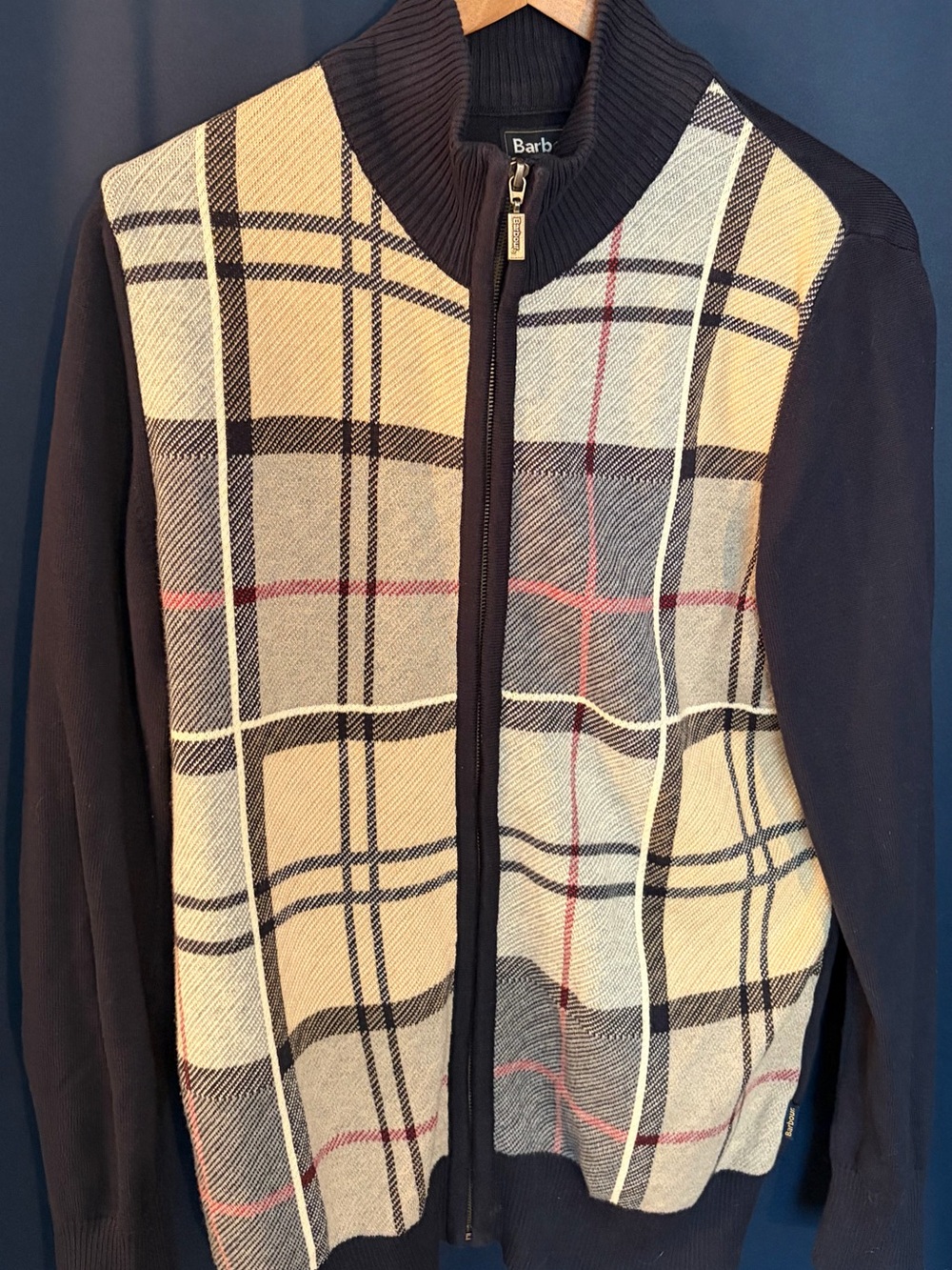 Barbour Men's Navy Cotton Tartan Front Zip Sweater Size Small